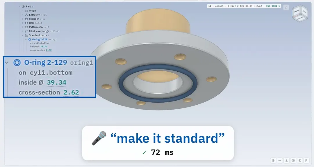 SweepCAD after “make it standard”: an ISO 3601 O-ring 2-129 placed in a flange, answered in 72 ms