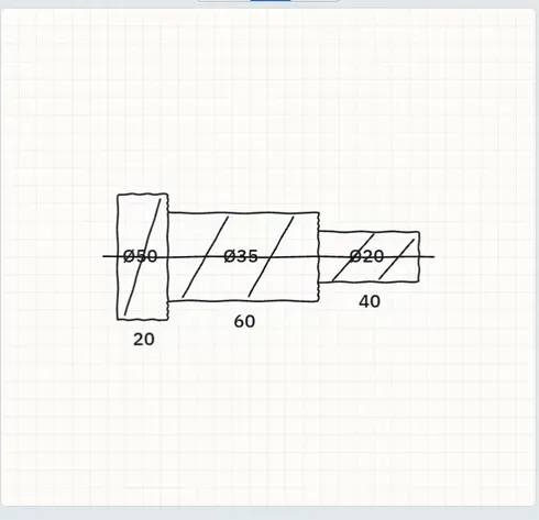 A stepped shaft sketched on SweepCAD's paper canvas: Ø50 × 20, Ø35 × 60, Ø20 × 40