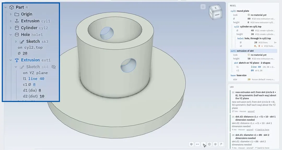 SweepCAD with a flanged bushing; a cross hole is circled in red